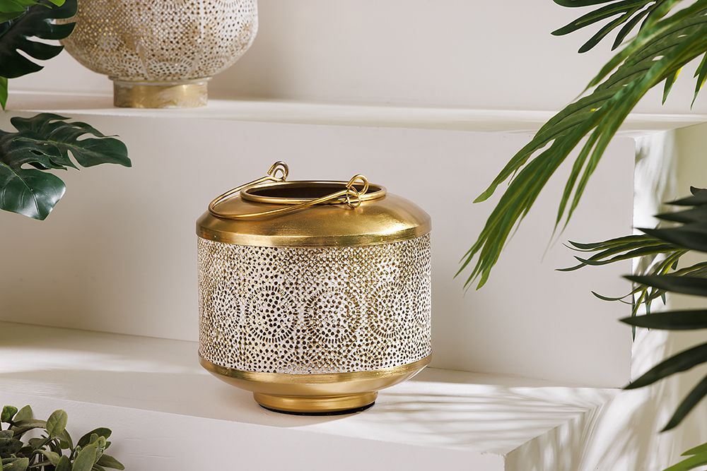 Deko Windlicht ORIENT 20cm gold Metall mit Patina handmade Laterne