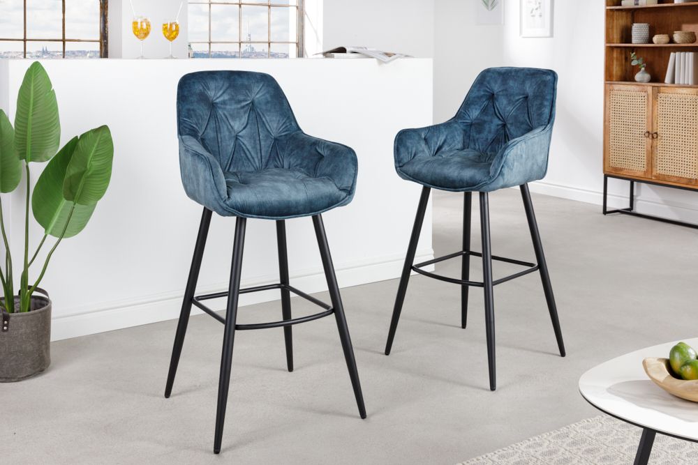 Design Barhocker MILANO petrol Samt Barstuhl mit Lehne Metall schwarz