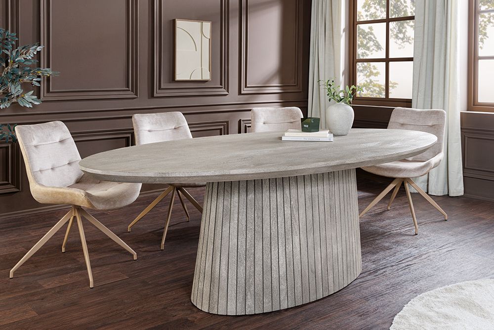 Ovaler Esstisch ART DECO 220cm smoke grau massives Mangoholz mit Säulenfuß