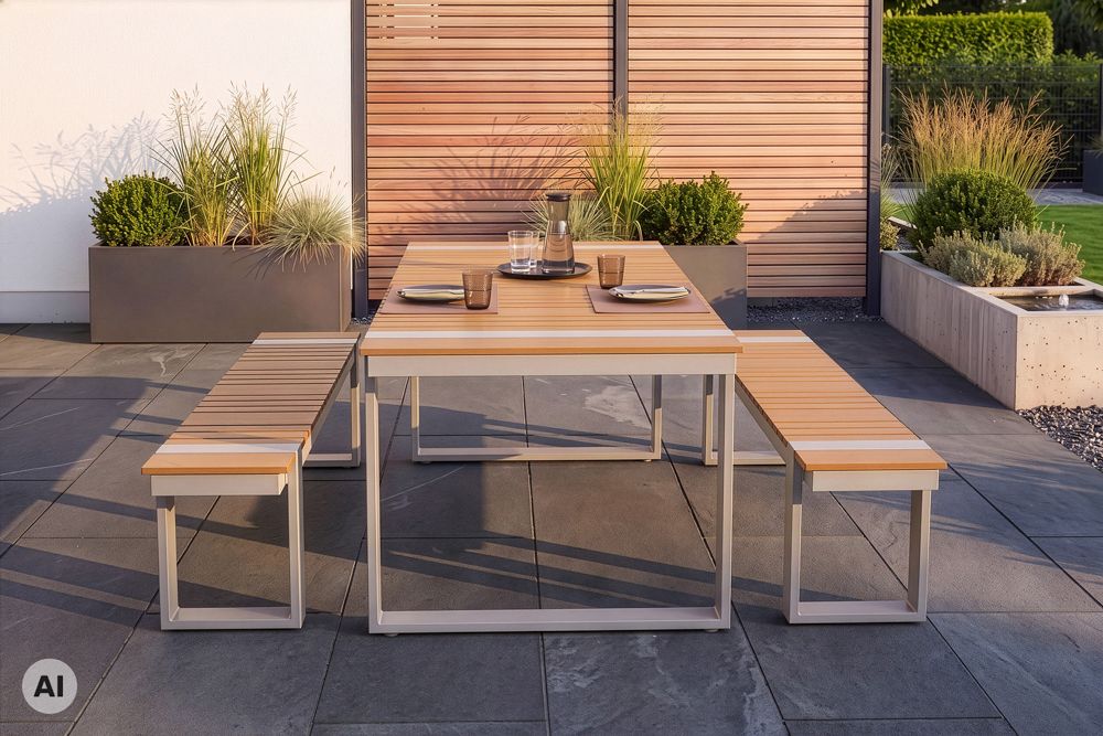 Wetterfester Gartentisch TAMPA LOUNGE 125cm greige natur Aluminium Metall Holz-Design Outdoor