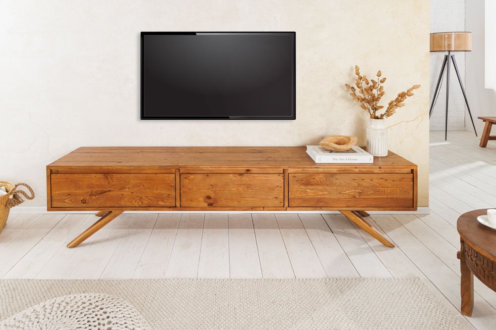 Massives TV-Board FINCA 180cm vintage braun recyceltes Pinienholz mit Schubladen