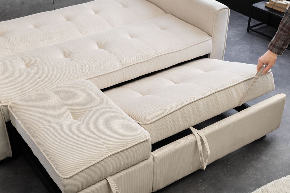 Ausziehbares Schlafsofa SMART 180cm beige Cord 2-Sitzer Couch mit Nosagfederung