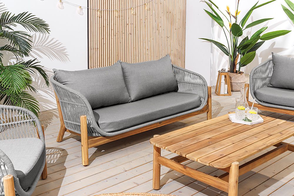 Wetterfestes Gartenlounge Set ROPE grau natur Akazienholz Aluminium inkl. Tisch Sitzpolster