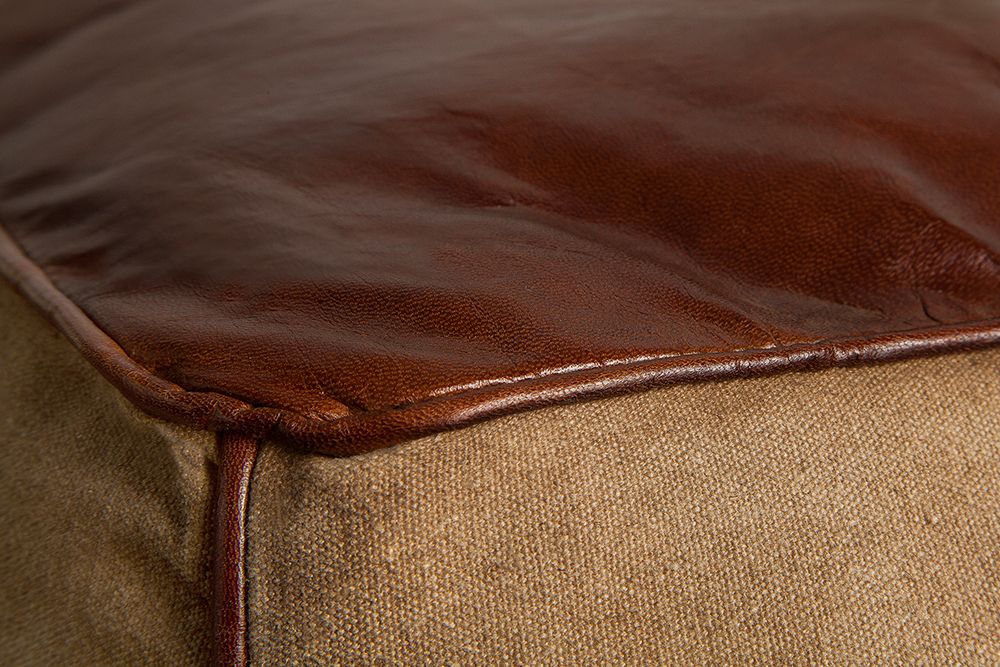 Retro Sitzpouf MUSTANG 45cm Lederbezug mit Leinen Sitzwürfel