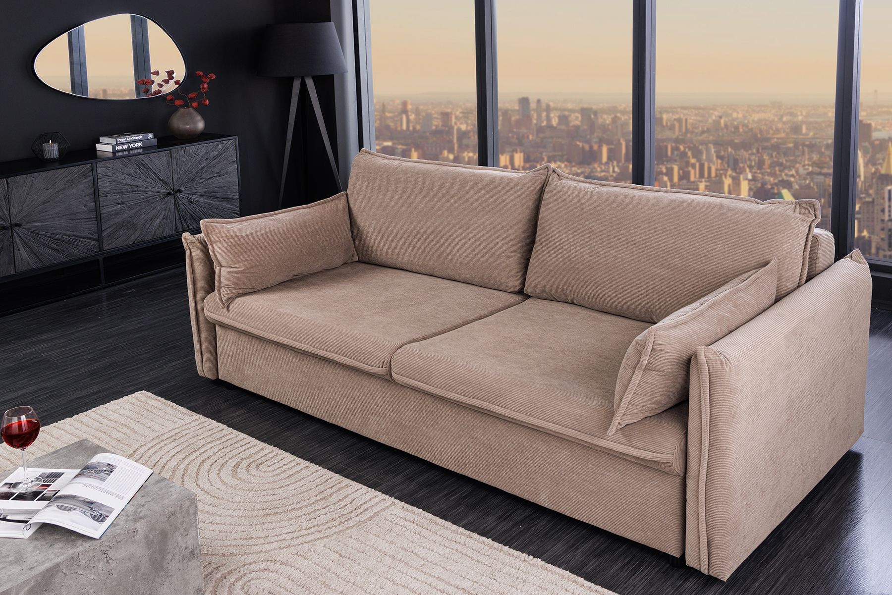 XXL Sofa mit Schlaffunktion APARTMENT  taupe Cord inkl. Bettkasten und Kissen
