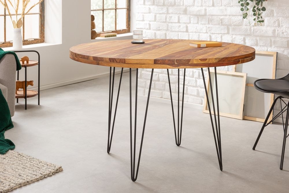 Runder Esstisch MAKASSAR 120cm braun Sheesham Massivholz stone finish Hairpin Legs