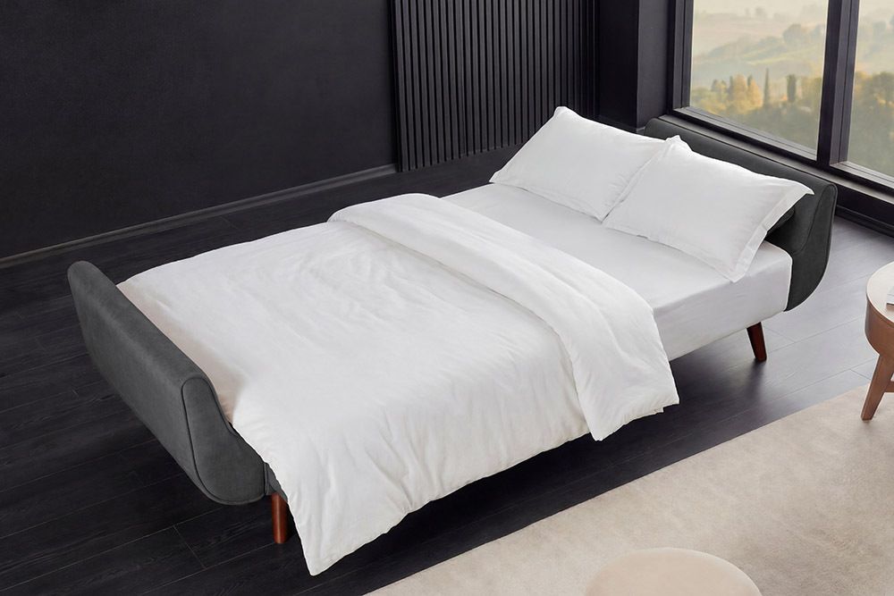 Design Schlafsofa DIVANI 220cm grau Samt 3-Sitzer mit Bettfunktion Walnuss-Füße