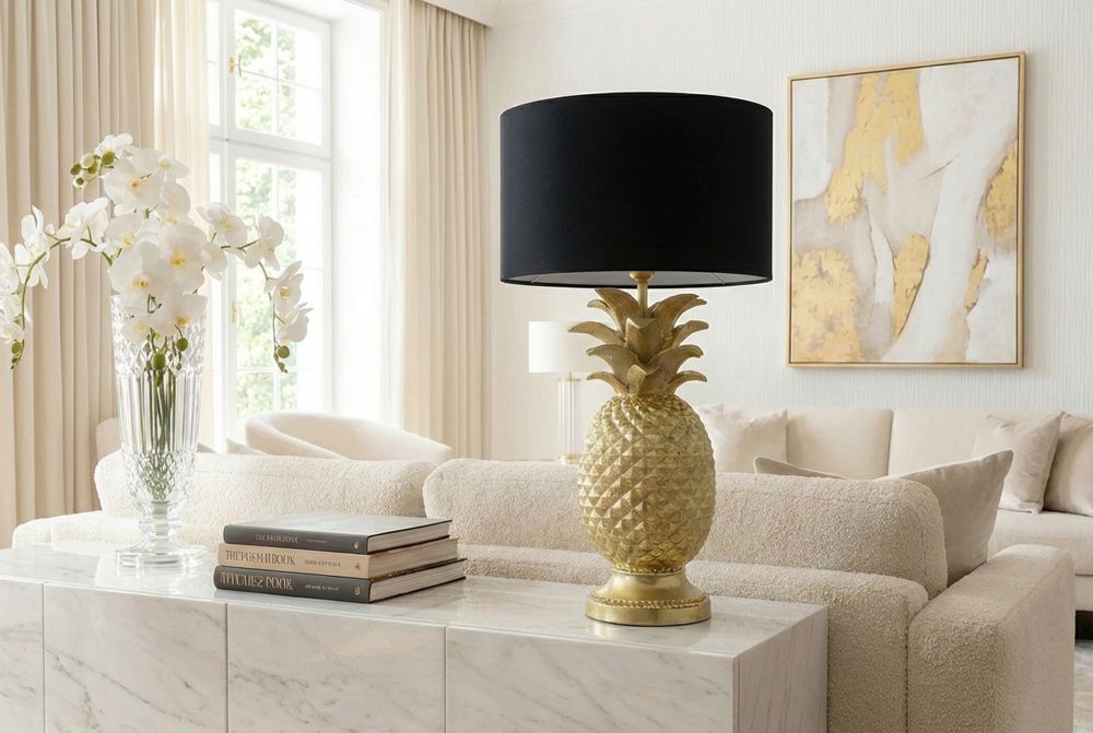 Handgefertigte Tischlampe PINEAPPLE 50cm gold schwarz Ananas-Design mit Stoffschirm