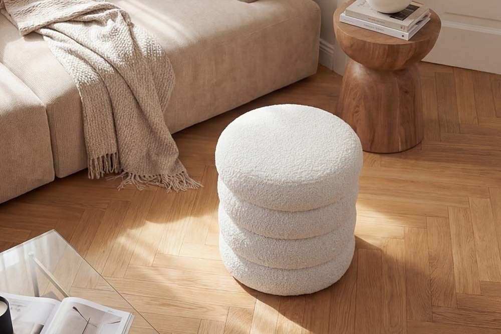 Runder Polsterhocker VOGUE 40cm weiß Bouclé mit Stauraum