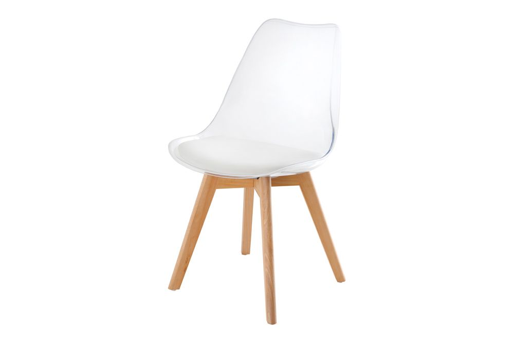 Design Stuhl SCANDINAVIA MEISTERSTÜCK transparent weiß Kunststoff Buchenholz natur