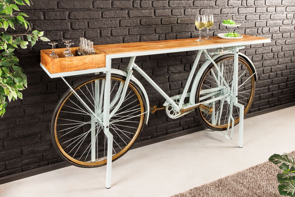 Retro Konsolentisch BICYCLE 190cm salbei natur Mangoholz Fahrrad Bartisch Upcycling