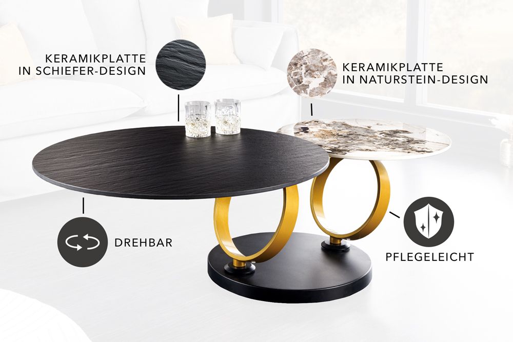 Design Couchtisch DANCING RINGS schwarz rund drehbar Pandora Keramik schwarz Metall