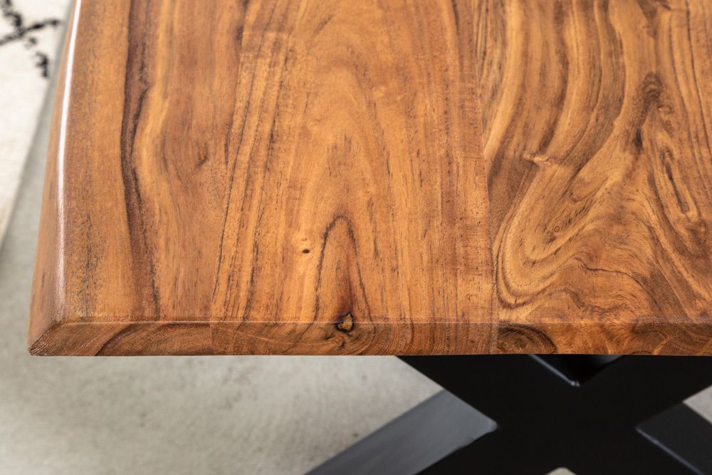Massivholz Couchtisch MAMMUT 120cm Akazie Honey Finish X-Gestell schwarz 2,5cm Tischplatte