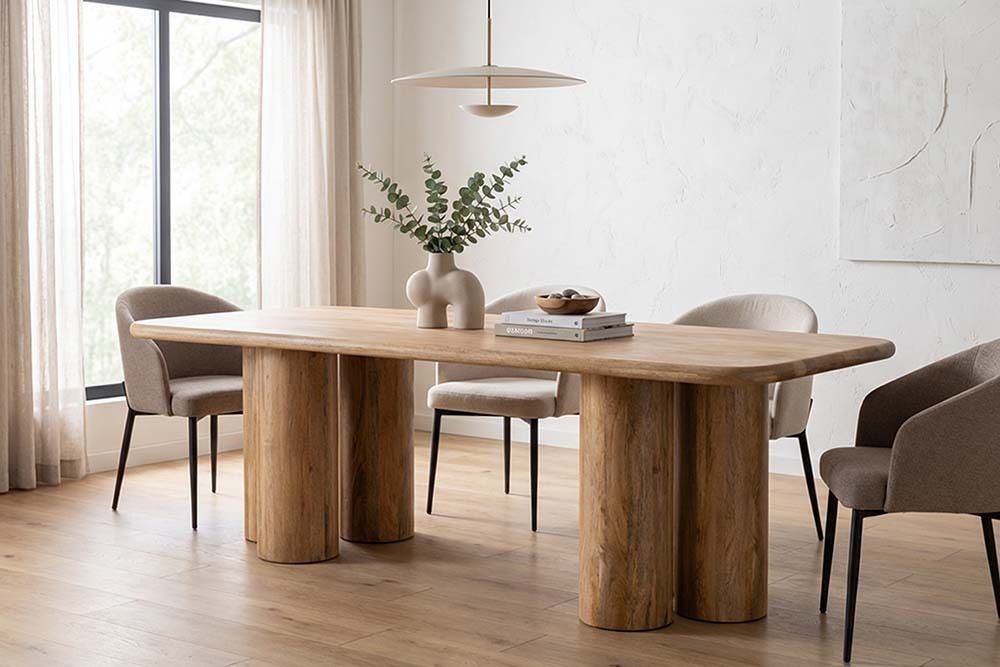 Massiver Esstisch ART DECO 240cm natur Mangoholz mit Säulenfüßen