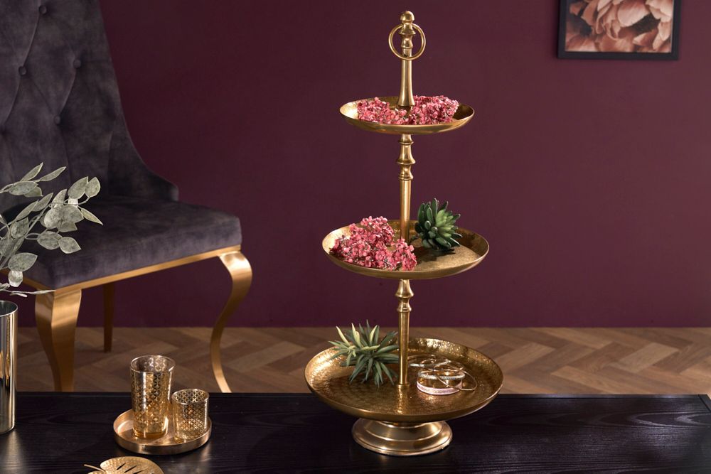 Design Etagere ORIENT 65cm gold im Wild Hammerschlag mit drei Etagen