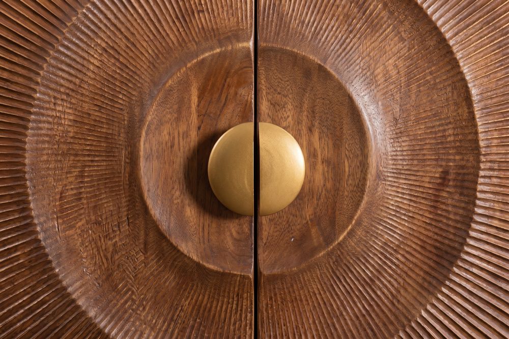 Massives Highboard GOLDEN SUNSET 120cm braun gold Mangoholz mit 3D Schnitzereien