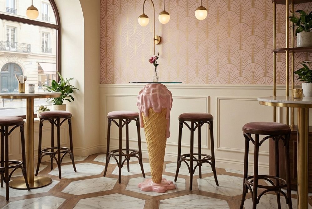 Einzigartiger Bartisch ICE CREAM 105cm beige rosa runde Tischplatte Glas handmade