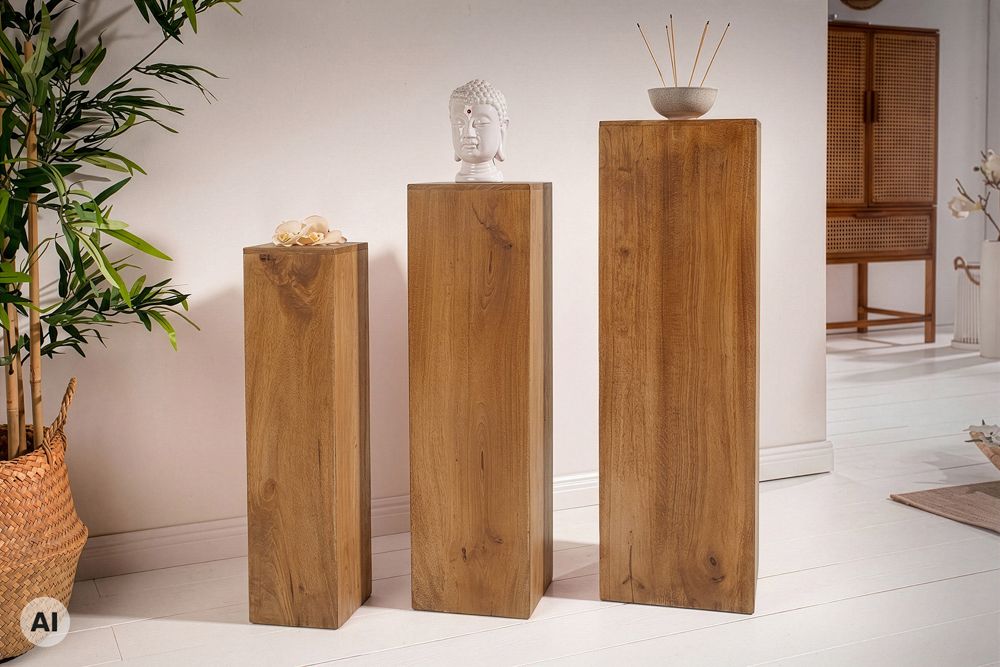 Design Deko Säule 3er Set MAKASSAR 80cm braun honey finish Mangoholz Handarbeit