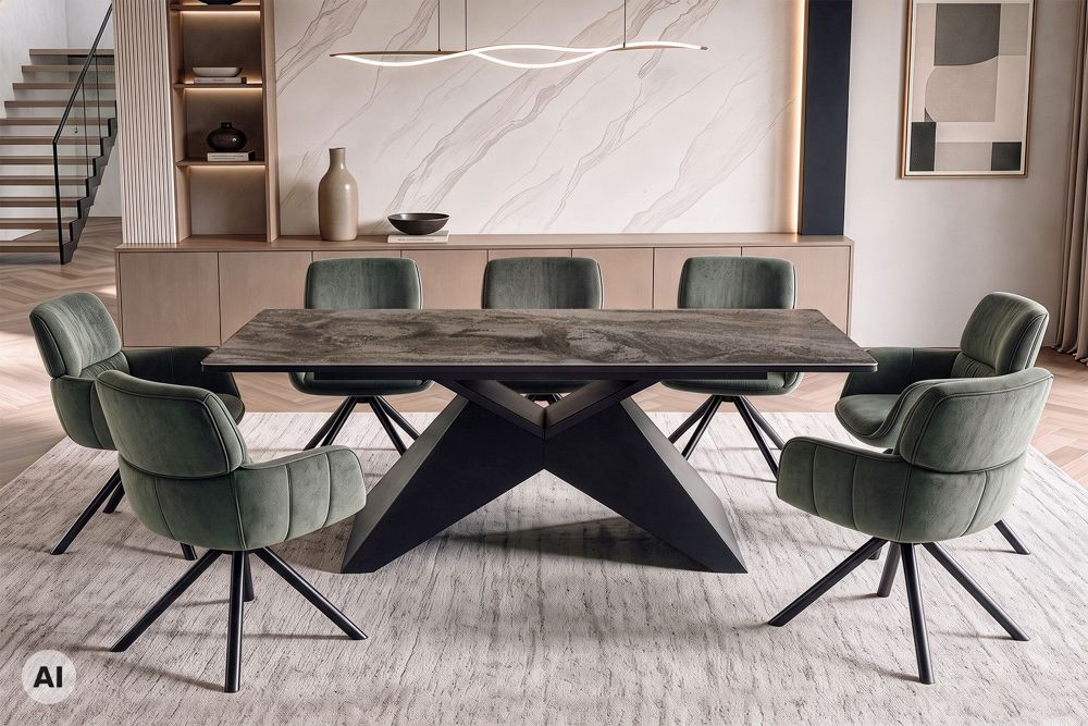 Design Esstisch DIAMOND 180-260cm taupe Keramik Metallgestell schwarz