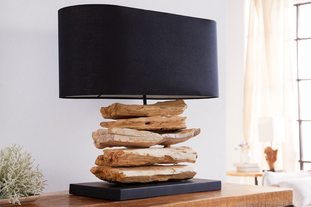 Handgearbeitete Treibholz Lampe RIVERINE 55cm schwarz Leinenschirm Tischleuchte