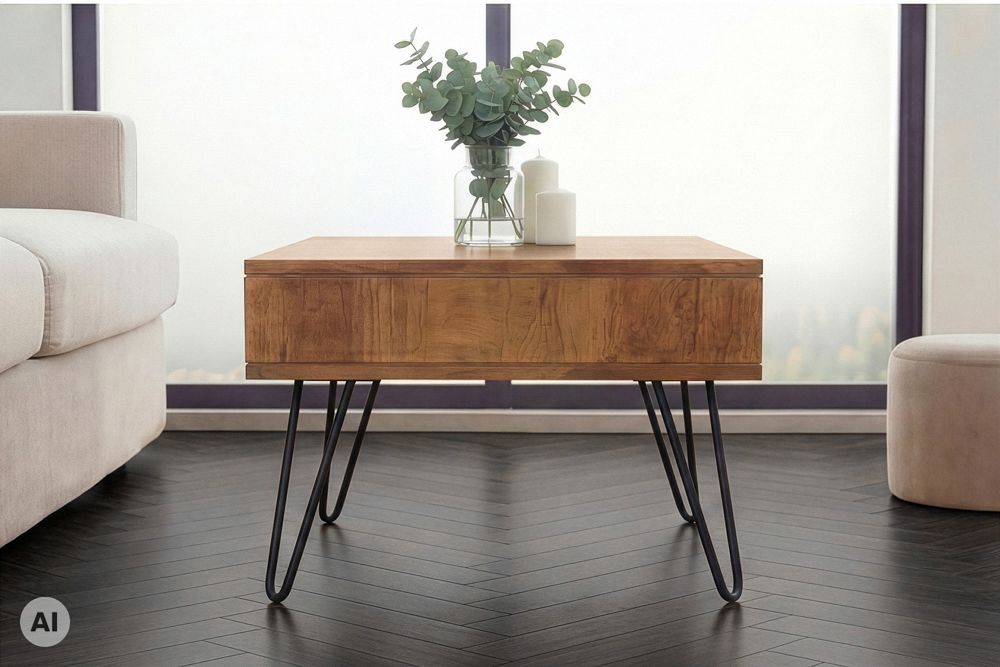 Massiver Couchtisch SCORPION 60cm braun honey finish Mangoholz mit Hairpin Legs