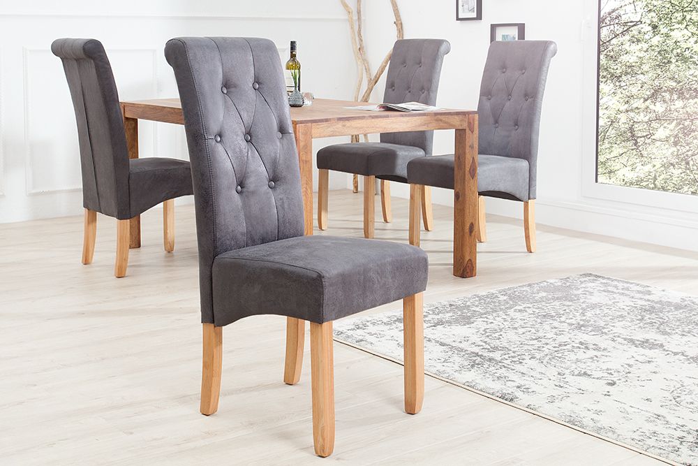 Edler Stuhl CASA vintage grau mit Zierknöpfen Massivholzbeine