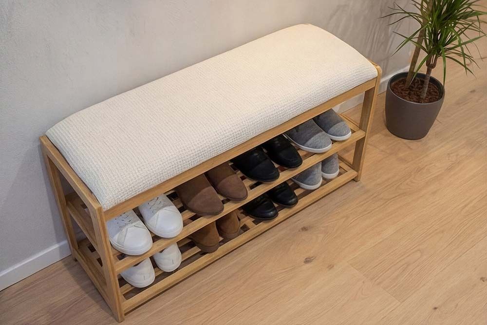 Stilvolle Schuhbank ZEN-BO 80cm natur beige Bambus Regal Sitzbank mit Stauraum