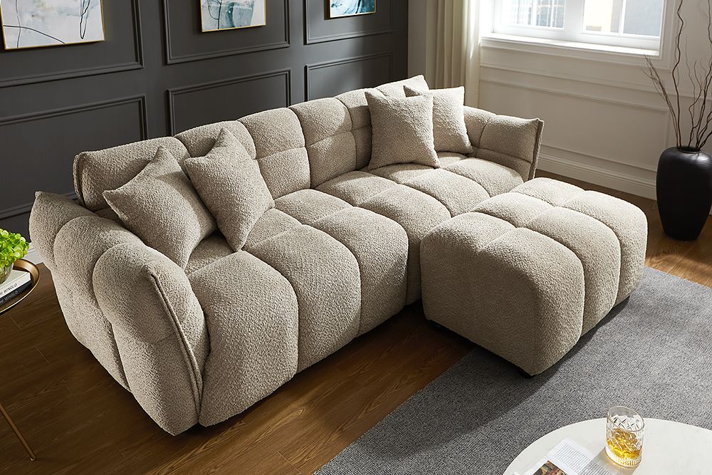 Moderner Hocker CLOUD 100cm champagner greige Bouclé Federkern Fußhocker Sitzhocker