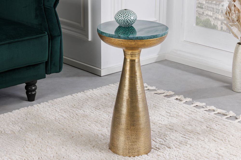 Handgearbeiteter Beistelltisch ELEMENTS 55cm gold grün Marmor rund