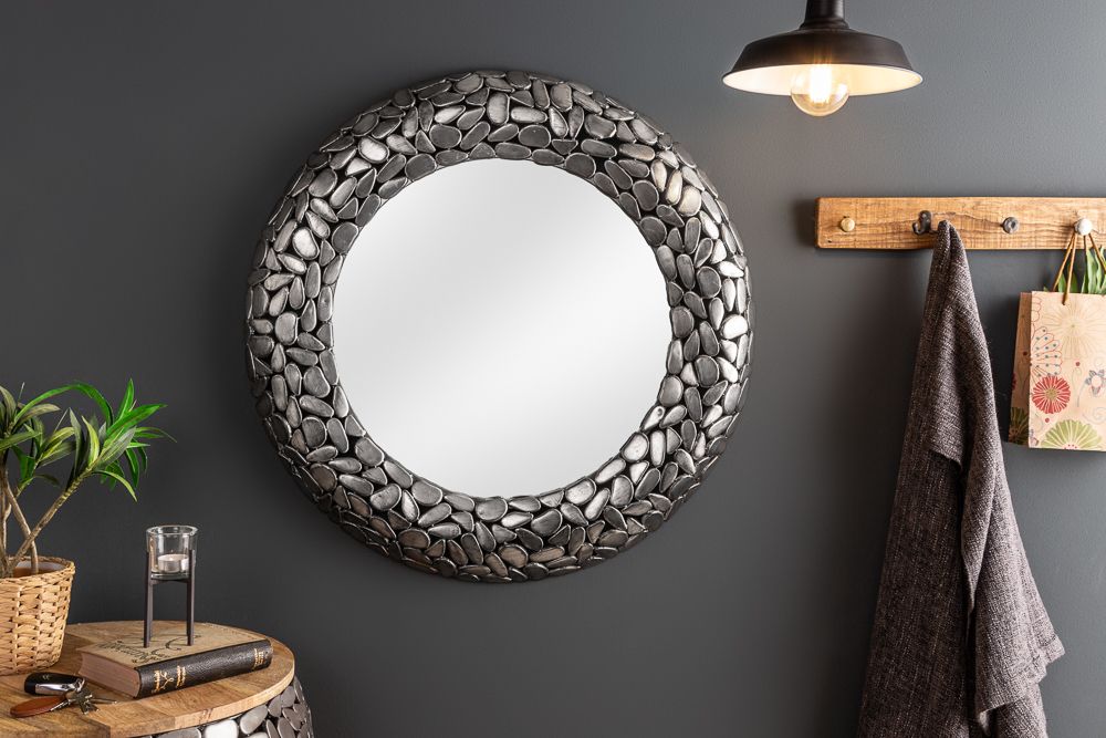 Handgearbeiteter Spiegel STONE MOSAIC XL 82cm silber in Mosaik Optik aus Metall