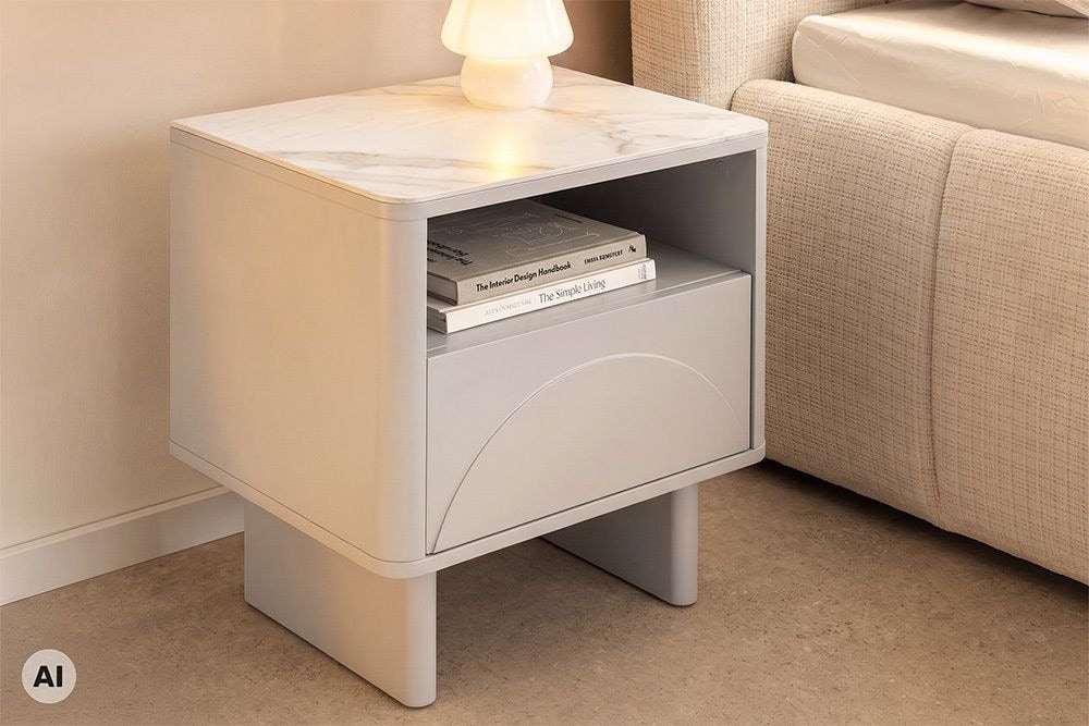 Nachttisch SAVOY 50cm kaschmir beige Keramik Marmor weiß Beistelltisch