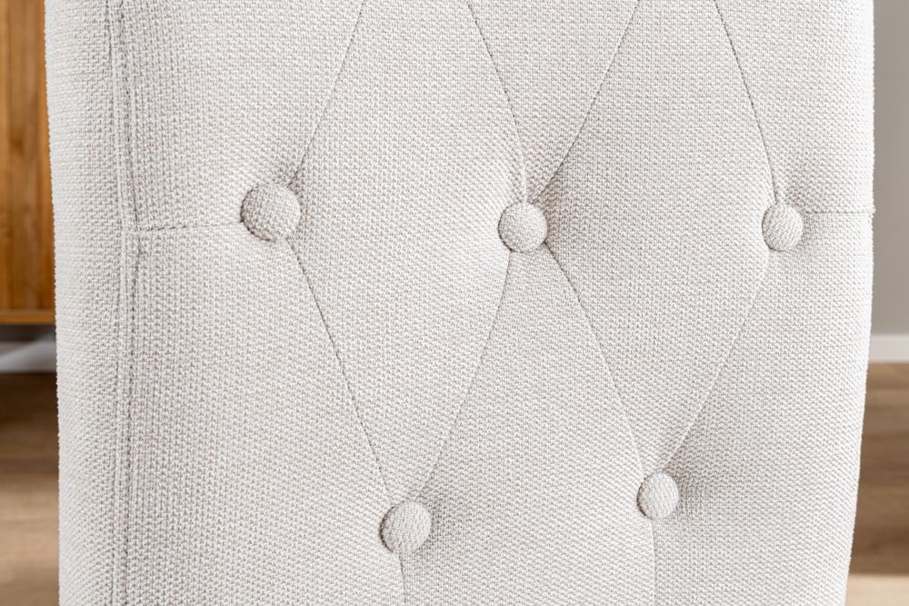 Design Stuhl CASA beige Strukturstoff Massivholzbeine mit Zierknöpfen und Nackenrolle