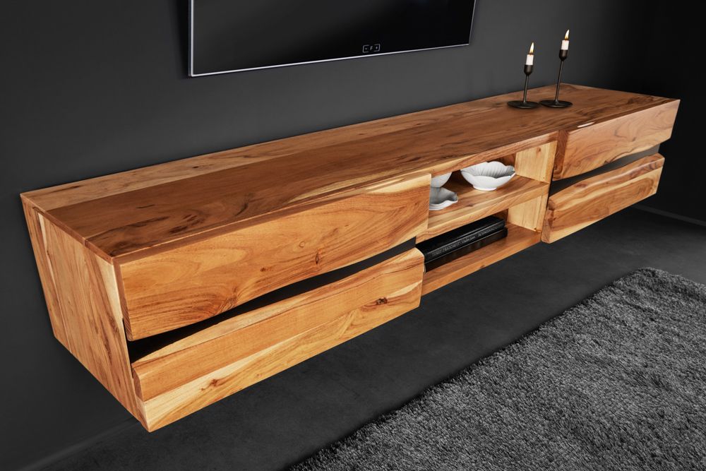Hängendes TV-Lowboard AMAZONAS 160cm natur Akazie Massivholz Baumkante Metall schwarz