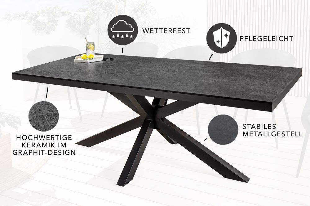 In- und Outdoor Esstisch GALAXIE 180cm anthrazit Keramik Aluminium Gartentisch
