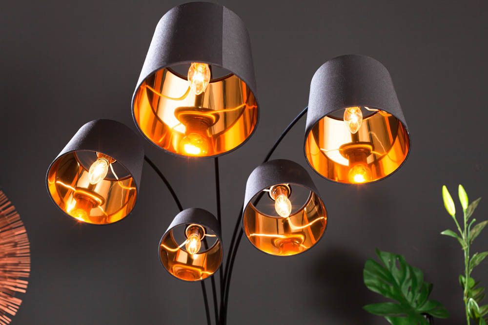 Design Bogenlampe LEVELS 205cm schwarz gold 5 neigbare Leinenschirme Stehlampe