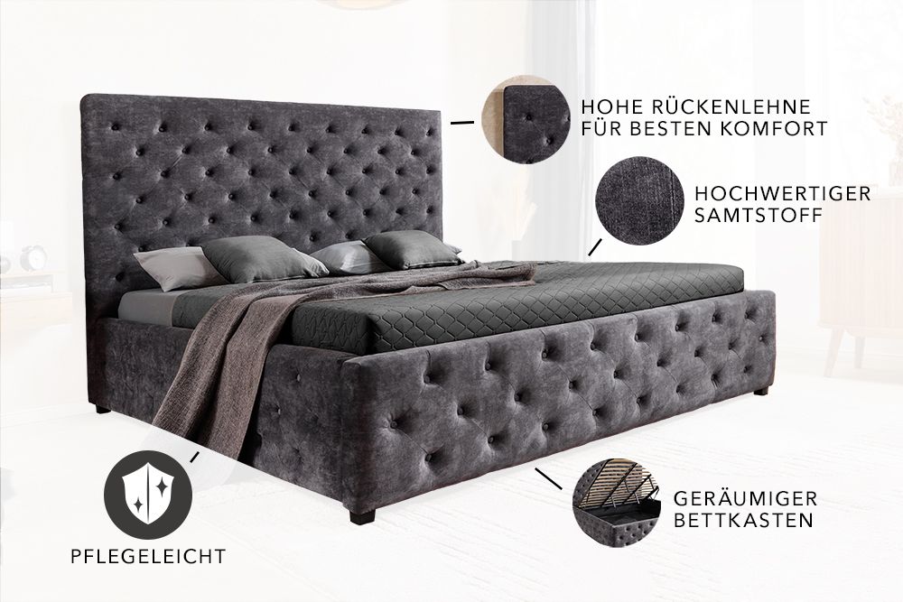 Boxbett PARIS 180x200cm grau Samt mit Stauraum und Lattenrost