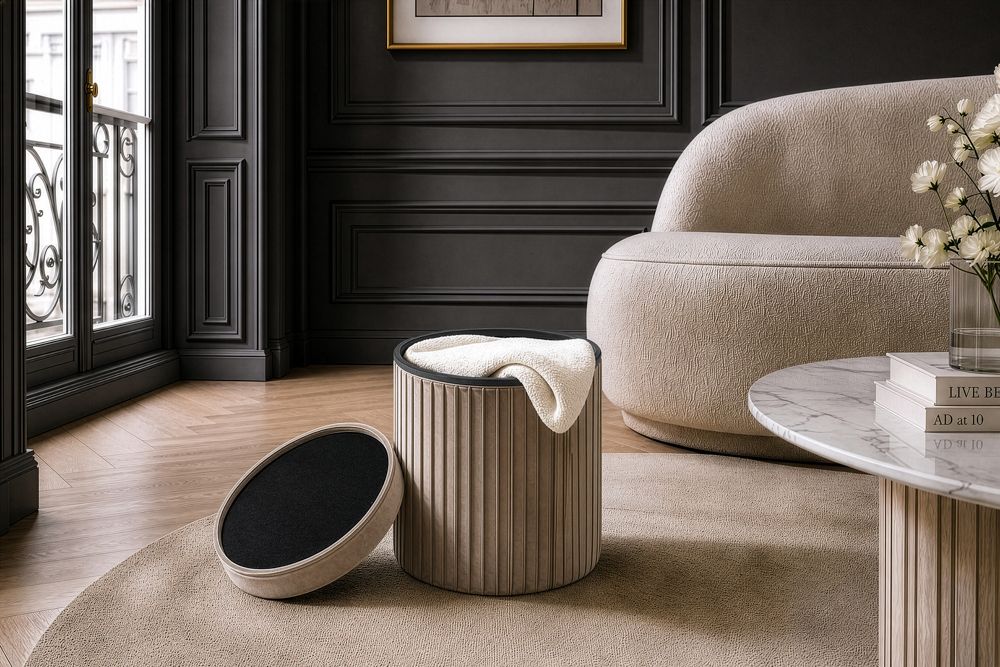 Runder Hocker ÉLAN 40cm champagner greige Samt faltbar mit Stauraum