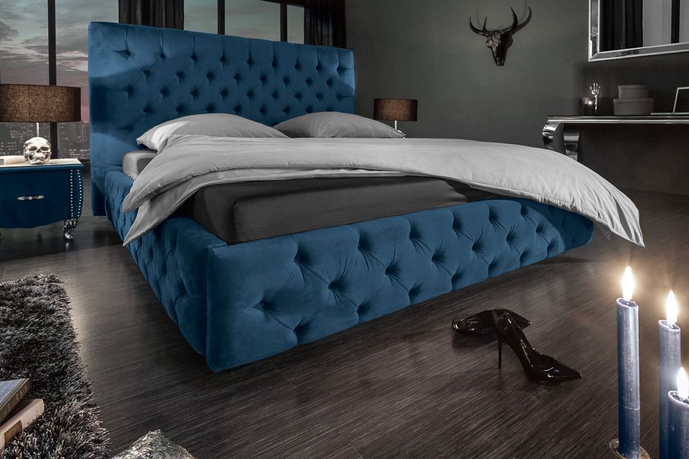Design Doppelbett PARIS 180x200cm dunkelblau Samt Chesterfield