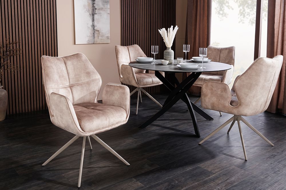 Drehbarer Design Stuhl CONCORD champagner greige Samt Taschenfederkern Metallgestell greige