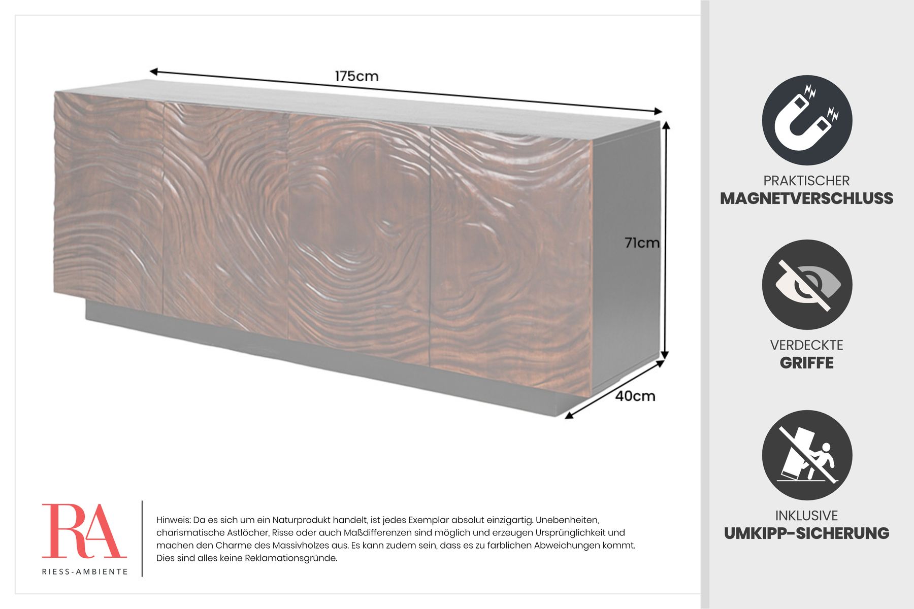 Massives Sideboard FLUID 175cm walnuss-braun Akazienholz 3D-Design schwarzer Sockelfuß