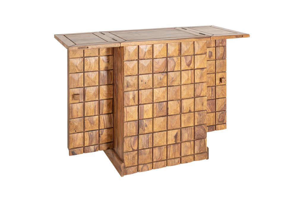 Handgearbeiteter Barschrank MOSAICO 130cm braun Sheeshamholz stone finish 3D Effekt