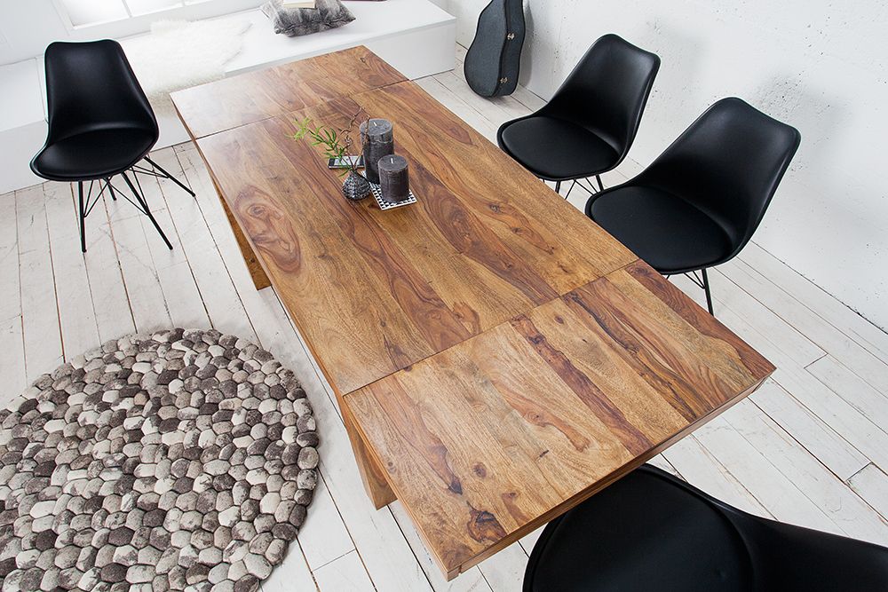 Massiver Holz Esstisch PURE 120-200cm braun Sheesham stone finish mit Ansteckplatten