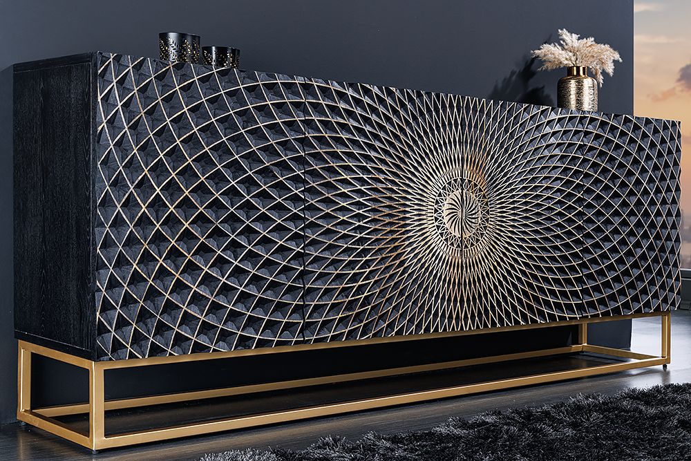 Design Sideboard ILLUSION 180cm schwarz Mangoholz Massivholz mit 3D Schnitzereien gold Eisen Metallgestell