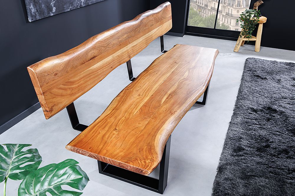 Massivholz Sitzbank MAMMUT 200cm natur Akazie mit Lehne Baumkante schwarzes Metallgestell
