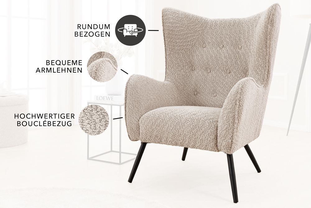 Design XL Sessel AMSTERDAM greige Bouclé schwarze Metallbeine Retro Stil