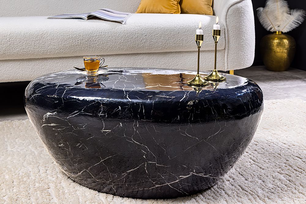 Handgefertigter Couchtisch STONE 75cm schwarz Marmor-Design Metall