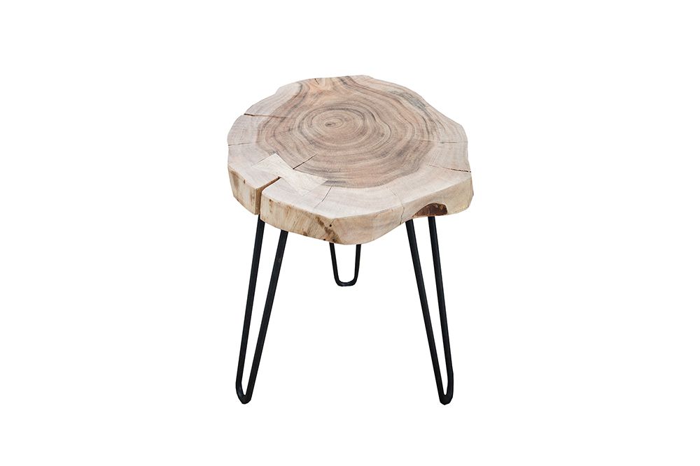 Massivholz Beistelltisch GOA 40cm natur Akazie Baumstamm Metall schwarz Hairpin Legs
