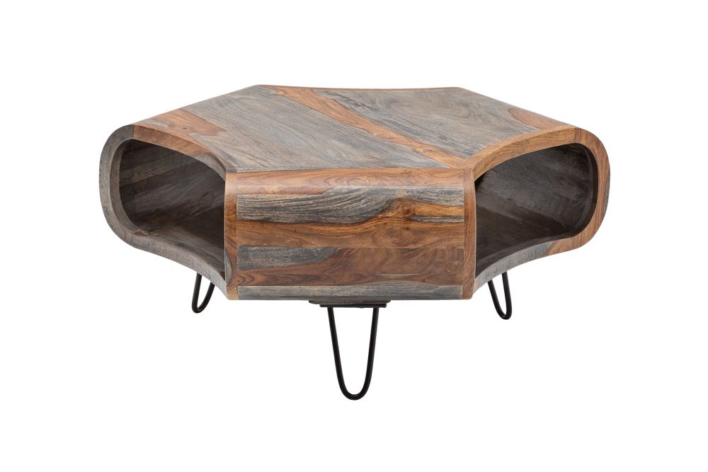 Retro Couchtisch ORGANIC LIVING 80cm grau smoke finish Sheesham Palisander Massivholz Hairpin Legs