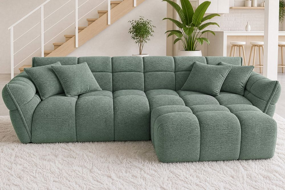 Moderner Hocker CLOUD 100cm salbei Bouclé Federkern Fußhocker Sitzhocker