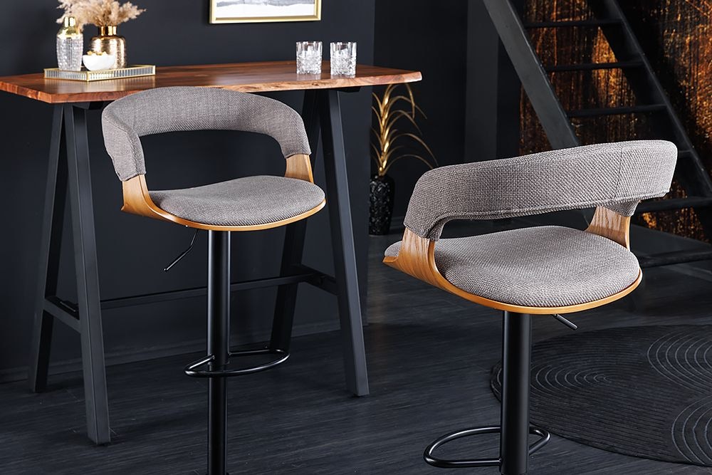 Retro Barhocker MANHATTAN grau Strukturstoff Eschenholz drehbar höhenverstellbar